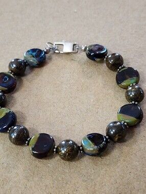 Artisan Handmade Dichroic Glass& Natural Stone Bracelet Sterling Silver 925 6.5"